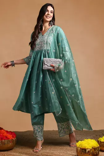 women sea green silk blend solid embroidered anarkali kurta palazzo with dupatta