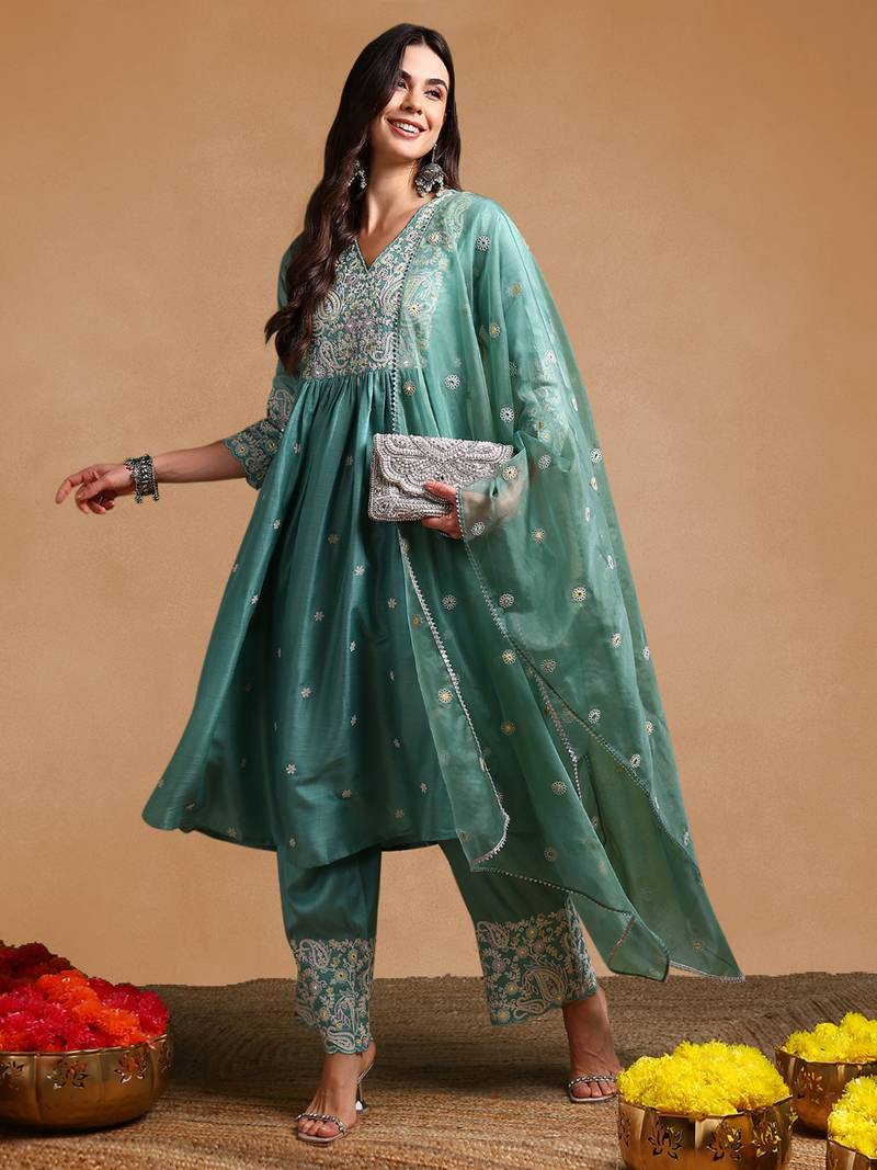 women sea green silk blend solid embroidered anarkali kurta palazzo with dupatta