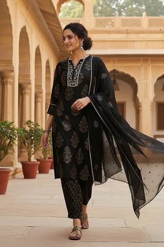 women black viscose rayon solid embroidered straight kurta salwar with dupatta