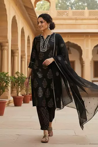 women black viscose rayon solid embroidered straight kurta salwar with dupatta