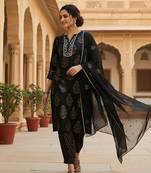 women black viscose rayon solid embroidered straight kurta salwar with dupatta