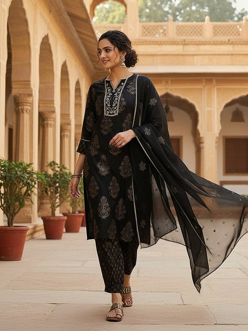 women black viscose rayon solid embroidered straight kurta salwar with dupatta
