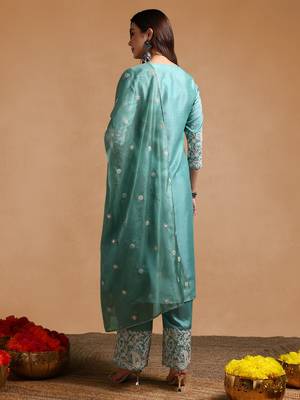 women sea green silk blend solid embroidered anarkali kurta palazzo with dupatta 4