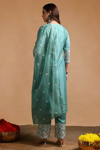 women sea green silk blend solid embroidered anarkali kurta palazzo with dupatta