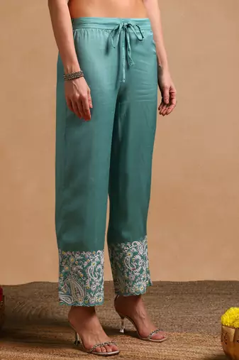 women sea green silk blend solid embroidered anarkali kurta palazzo with dupatta