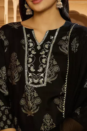 women black viscose rayon solid embroidered straight kurta salwar with dupatta