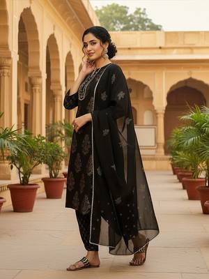 women black viscose rayon solid embroidered straight kurta salwar with dupatta 3