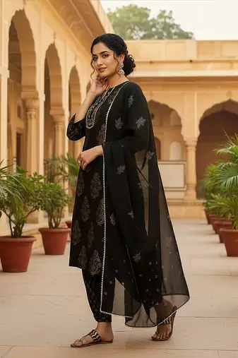 women black viscose rayon solid embroidered straight kurta salwar with dupatta