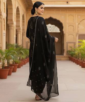 women black viscose rayon solid embroidered straight kurta salwar with dupatta 4