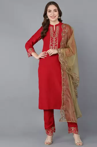 Women red embroidered poly silk stiched straight kurta trousers suit set