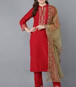 Women red embroidered poly silk stiched straight kurta trousers suit set