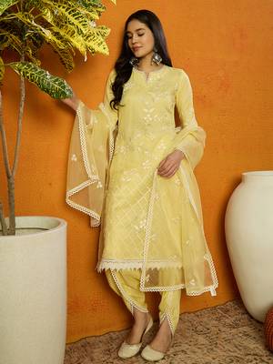 Ahika women yellow organza solid embroidered a-line kurta dhoti pant with dupatta 1
