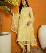 Ahika women yellow organza solid embroidered a-line kurta dhoti pant with dupatta