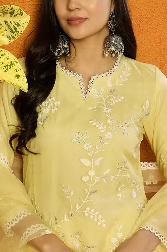 Ahika women yellow organza solid embroidered a-line kurta dhoti pant with dupatta