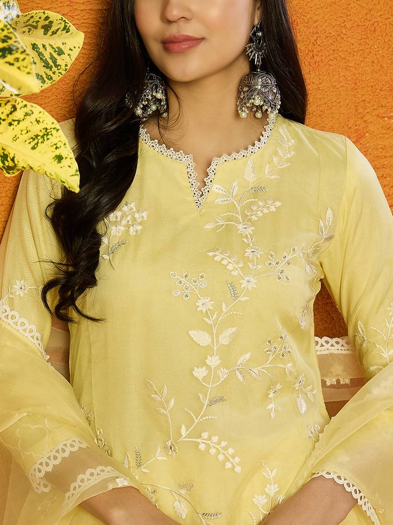 Ahika women yellow organza solid embroidered a-line kurta dhoti pant with dupatta