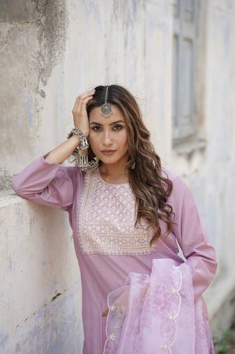 Women purple embroidered poly silk stiched straight kurta trousers suit set