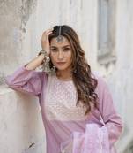 Women purple embroidered poly silk stiched straight kurta trousers suit set