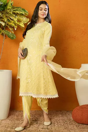 Ahika women yellow organza solid embroidered a-line kurta dhoti pant with dupatta