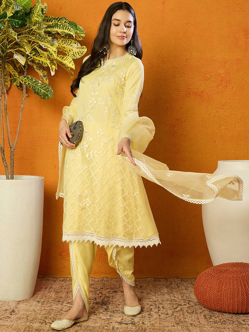 Ahika women yellow organza solid embroidered a-line kurta dhoti pant with dupatta