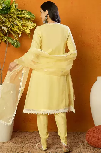 Ahika women yellow organza solid embroidered a-line kurta dhoti pant with dupatta