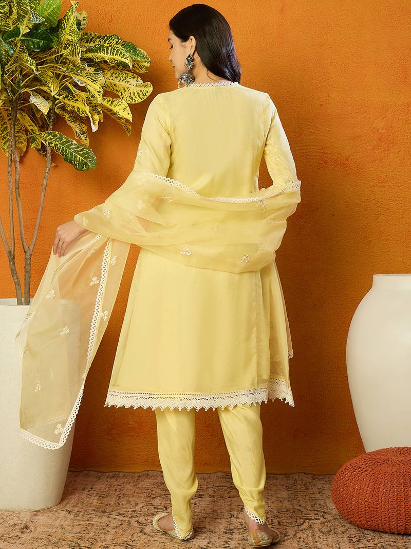 Ahika women yellow organza solid embroidered a-line kurta dhoti pant with dupatta