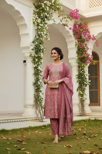 Rose Pink Printed Kurta Set with Embroidery and Dupatta