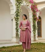 Rose Pink Printed Kurta Set with Embroidery and Dupatta