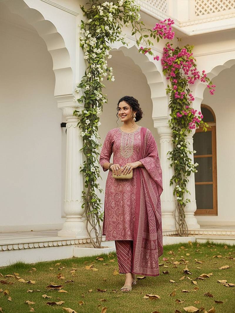 Rose Pink Printed Kurta Set with Embroidery and Dupatta