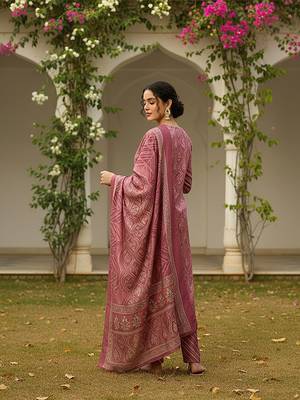 Rose Pink Printed Kurta Set with Embroidery and Dupatta 4