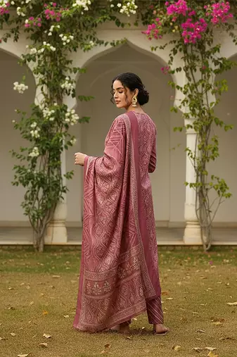 Rose Pink Printed Kurta Set with Embroidery and Dupatta