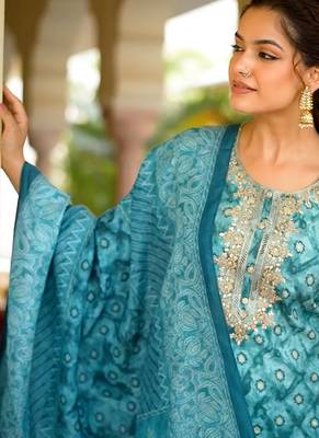 women sea green silk blend ethnic motifs embroidered straight kurta trouser with dupatta 2
