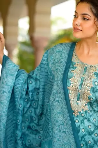 women sea green silk blend ethnic motifs embroidered straight kurta trouser with dupatta