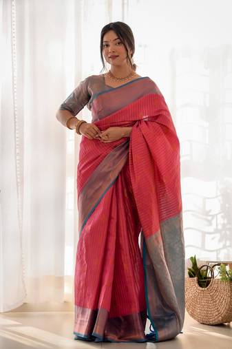 Women'S Gajri Silk Faux Kanjeevaram Woven Saree With Unstitched Blouse Piece