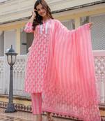 women pink pure cotton paisley yoke design straight kurta trouser with dupatta