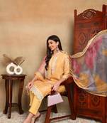 women yellow silk blend geometric printed straight kurta trouser with dupatta