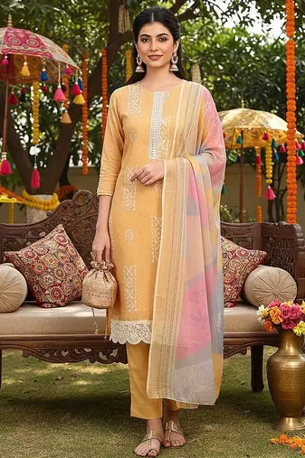 women yellow silk blend geometric printed straight kurta trouser with dupatta