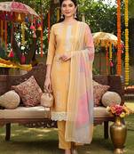women yellow silk blend geometric printed straight kurta trouser with dupatta