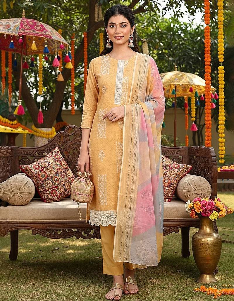 women yellow silk blend geometric printed straight kurta trouser with dupatta