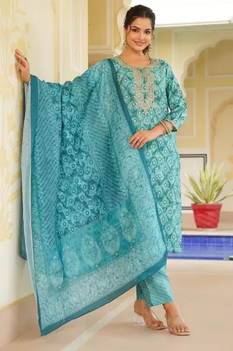 women sea green silk blend ethnic motifs embroidered straight kurta trouser with dupatta