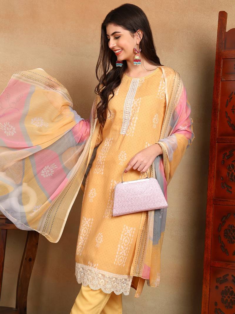women yellow silk blend geometric printed straight kurta trouser with dupatta