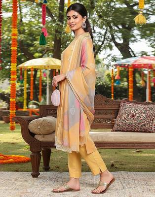 women yellow silk blend geometric printed straight kurta trouser with dupatta 2