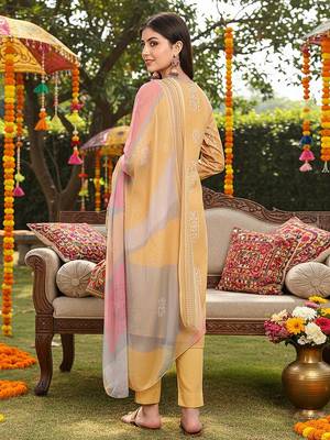 women yellow silk blend geometric printed straight kurta trouser with dupatta 3