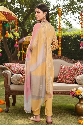 women yellow silk blend geometric printed straight kurta trouser with dupatta