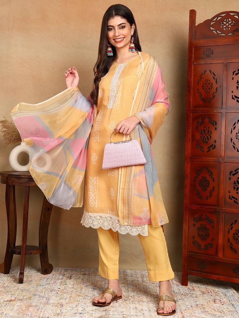 women yellow silk blend geometric printed straight kurta trouser with dupatta