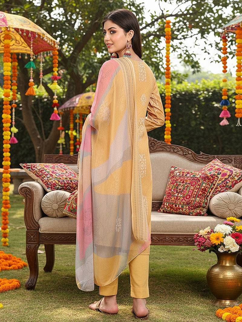 women yellow silk blend geometric printed straight kurta trouser with dupatta