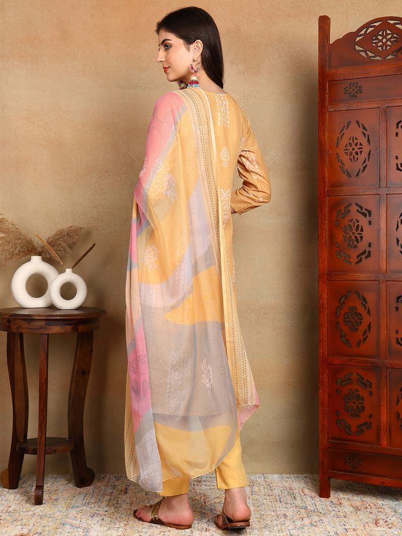 women yellow silk blend geometric printed straight kurta trouser with dupatta