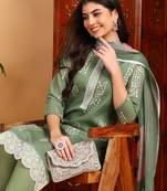 women green silk blend geometric printed straight kurta trouser with dupatta
