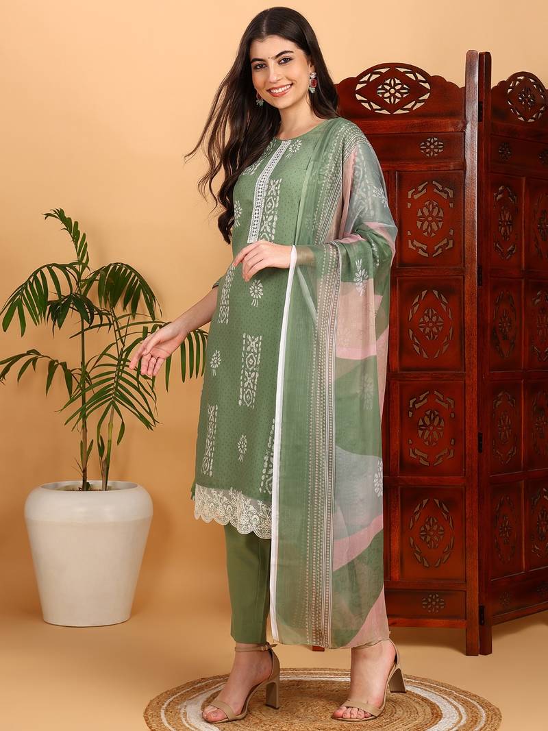 women green silk blend geometric printed straight kurta trouser with dupatta
