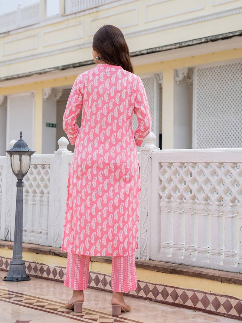 women pink pure cotton paisley yoke design straight kurta trouser with dupatta