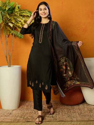 women black silk blend solid embroidered straight kurta trouser with dupatta 2